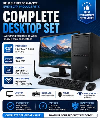 Intel i5 650 desktop pc/8 gb ram/256 gb ssd/ Samsung monitor