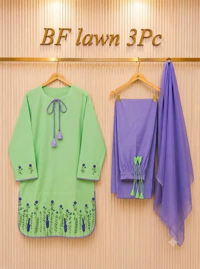 Eid Ready 3pc Embroidered BF Lawn Suit Green Purple