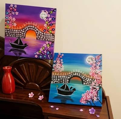 Handmade Cherry Blossom Bridge Canvas Painting Set