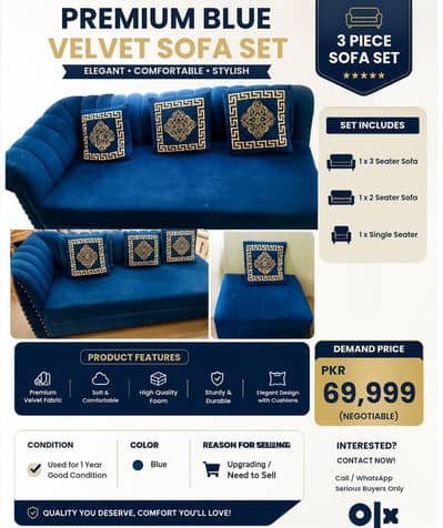 Premium Blue Velvet Sofa for Sale | 1 Year Used | Good Condition