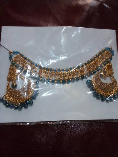sea Green and copper stone work chand bala with necklace 03314950756