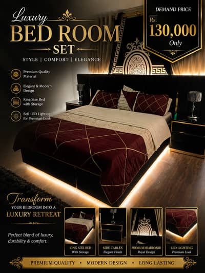Luxury King Size Bed Set with Storage & Soft Ambient LED Lighting