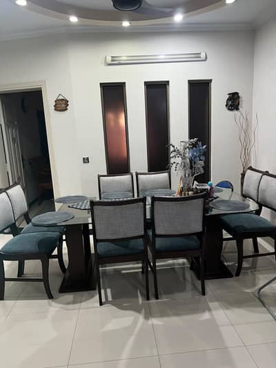 Luxury 8 Seater Glass Top Dining Table | Premium Wooden Dining Set