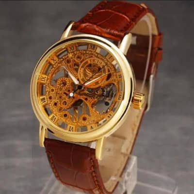 men's brown PU leather formal watch Round case