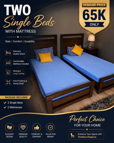 Set of 2 Wooden Single Beds + Comfortable Mattresses Included