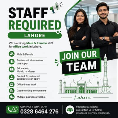 Staff Required in Lahore | Male & Female | Matric to Master