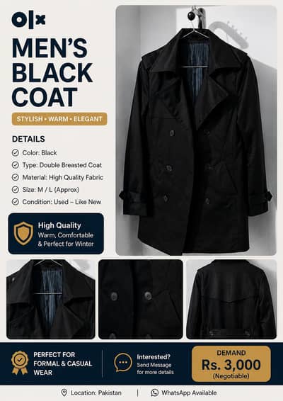 Men’s Black Stylish Coat – Like New