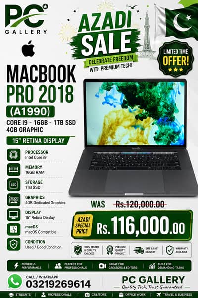 Azadi Sale MacBook Pro 2018 A1990 Core i9 16GB RAM,1TB SSD,4GB Graphic
