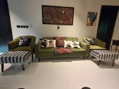 Sofa Cum Bed with two chairs and 2 ottoman Stools 0% Fault
