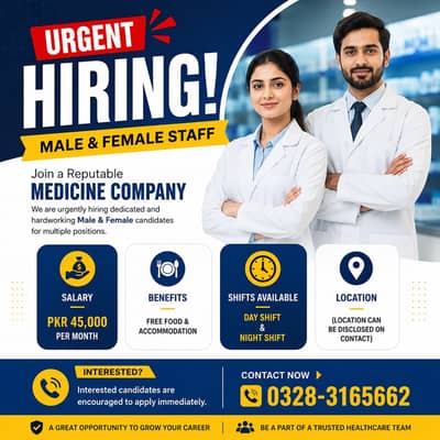 Urgent Hiring Male & Female Staff Required