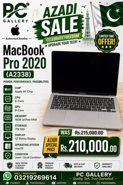 Azadi Sale MacBook Pro 2020 A2338 M1 16GB RAM | 1TB SSD 13" Retina