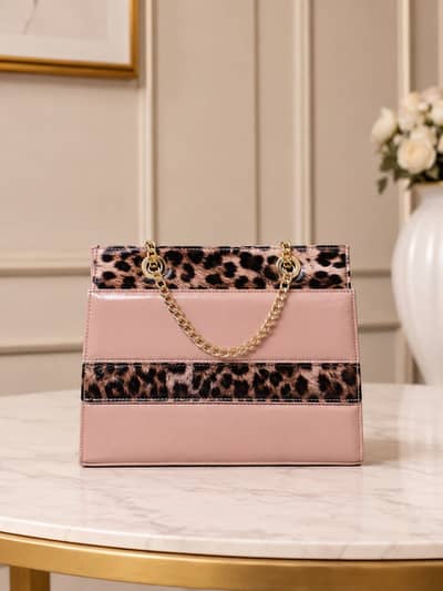 Ladies Pink & Leopard Print Shoulder Handbag | Stylish Chain Bag