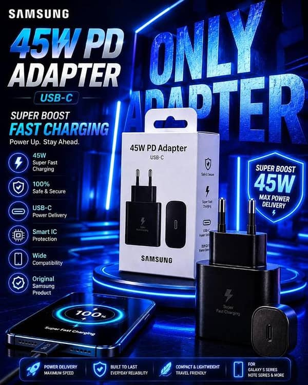 Samsung Original 45W Ultra Fast Booster Charging PD Adaptor | USB-C Power Delivery Wall Charger with Smart IC Protection for All Type-C Devices