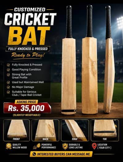 costumized bat fully knocked and pressed bat in very good condition
