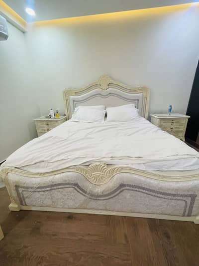 Modern Italian style bed set with side tables and dresser
