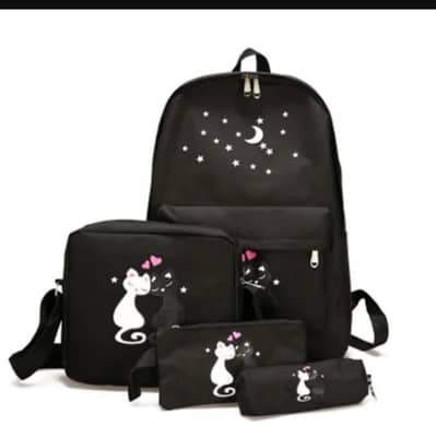 4-Piece Nylon Backpack Set with Cat Moon Design