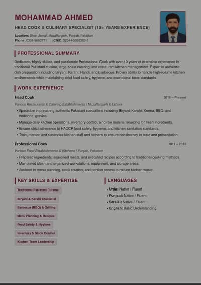 Experienced Cook Available for Home or Hotel Job