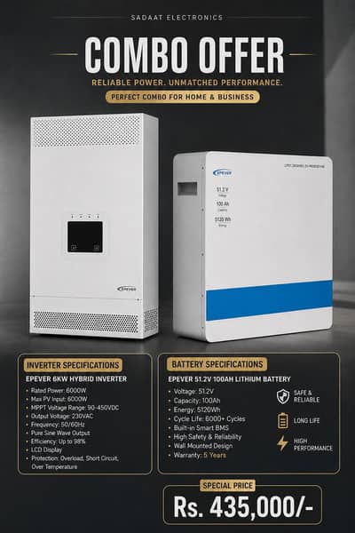 EPEVER 6KW Hybrid Inverter + 51.2V 100Ah Lithium Battery Combo | Comp