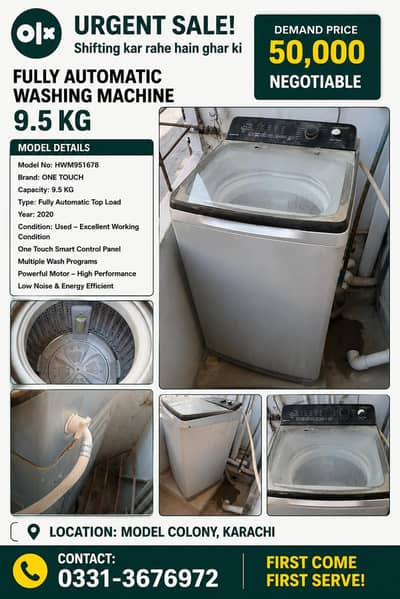 One Touch 9.5 KG Fully Automatic Washing Machine – Urgent Sale