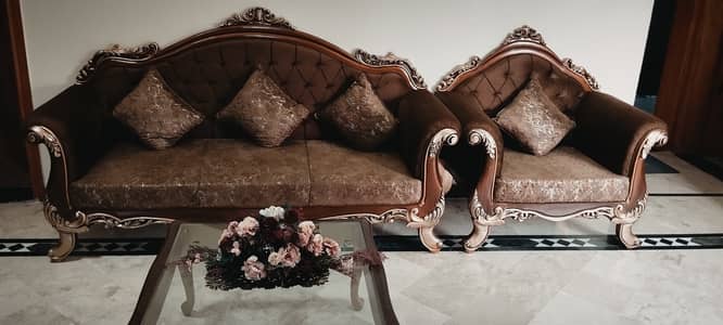 Luxury Wooden Sofa Set with 3 Tables – Elegant Brown & Gold