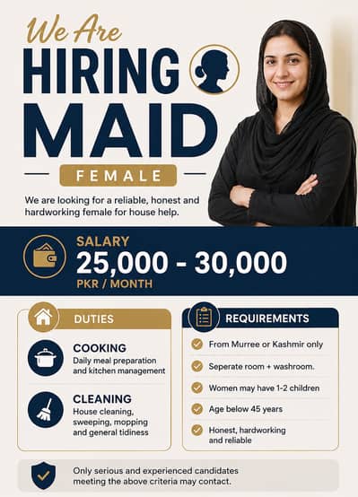 Female Maid Required – Cooking & Cleaning