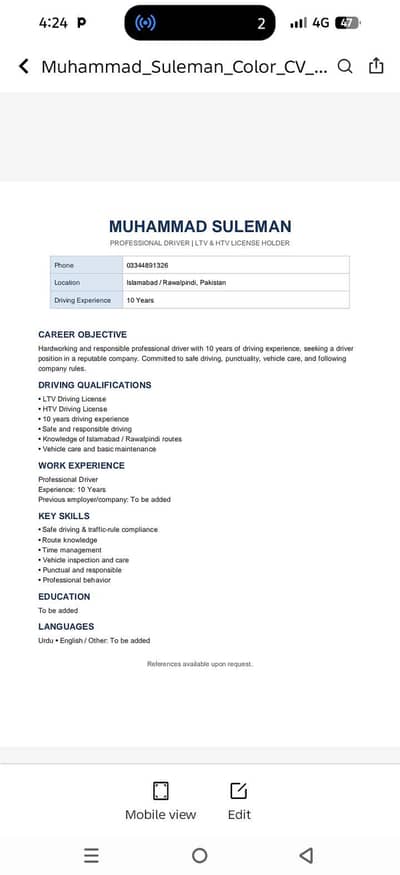 I need a driving job all over Islamabad