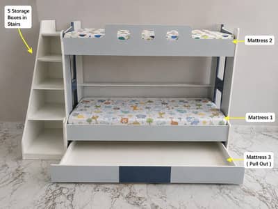 Double Bunk Bed for 3 kids with Storage Stairs