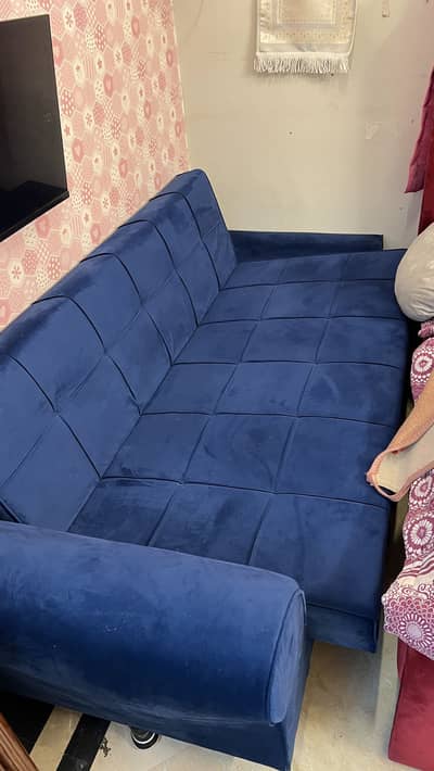 Blue Velvet Sofa Cum Bed – Stylish & Comfortable