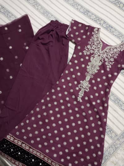 Wine Embroidered Party Wear 3-Piece Suit | Pre-Loved | 9/10 condition