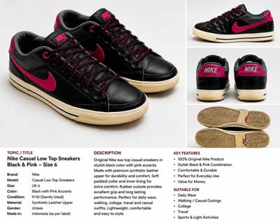 Nike Casual Low-Top Sneakers – Black & Pink | Size 6