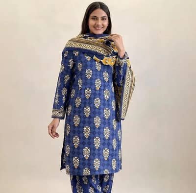 Women's Unstitched 3-Piece Digital Print Suit - Blue & Yellow