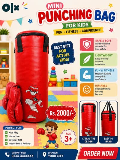 Kids Hanging Punching Bag with Gloves - Door/Ceiling Mount - Sargodha`