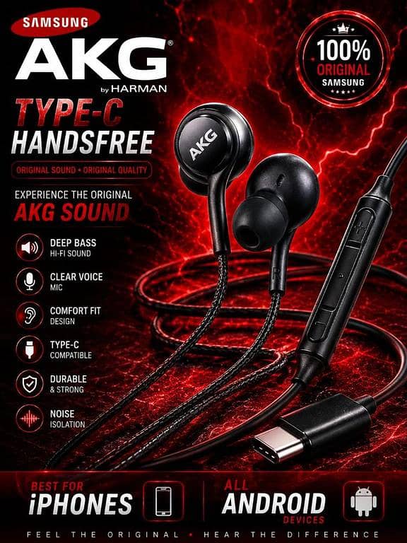 Original Samsung AKG Type-C Handsfree Premium Deep Bass Wired Earphones Noise Isolating Gaming Headphones With Mic For All Android Devices, Type-C iPhones & iPad