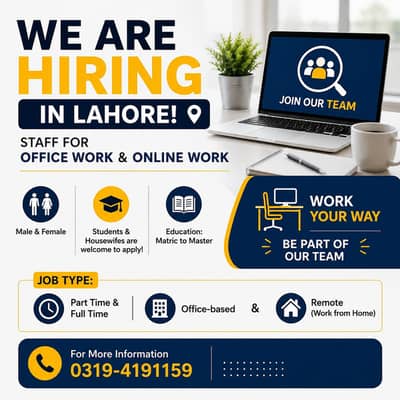 Staff Required in Lahore – Office & Online Work | Part & Full Time