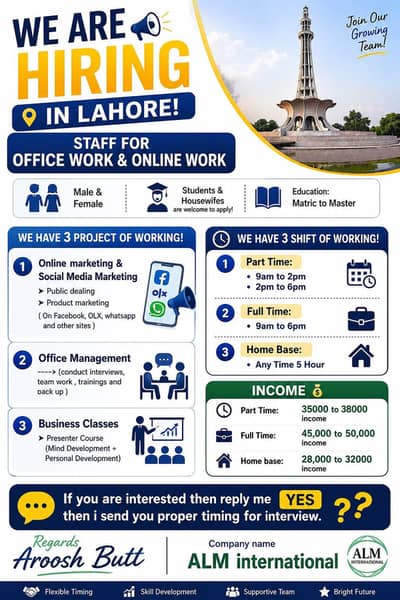 Part-Time & Full-Time Staff Required in Lahore | Office & Online Work