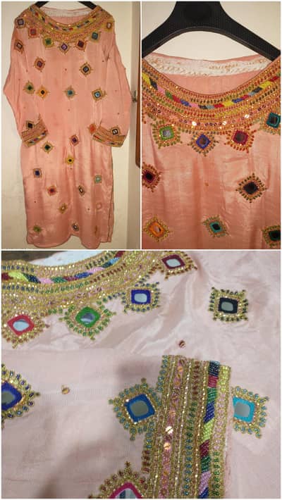 peach color handmade sindhi marori mirror work