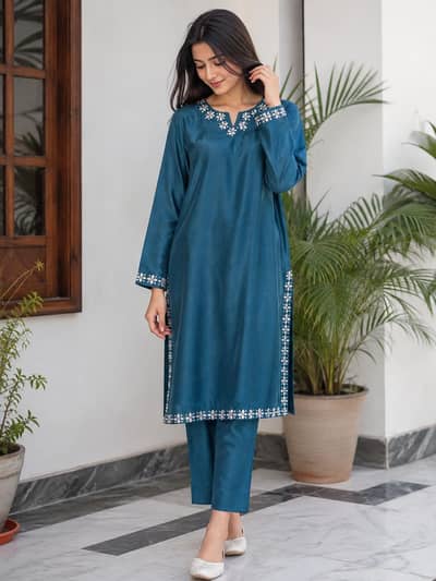 Teal Cotton Silk Embroidered Kurta with Cigarette Pants 