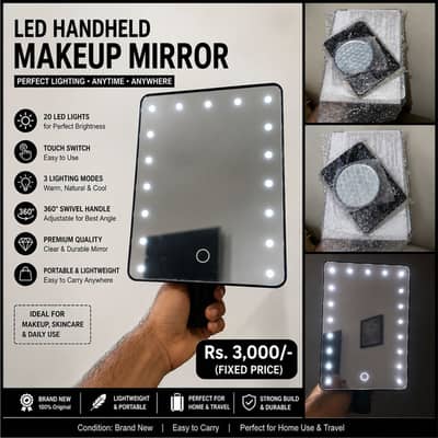 LED Handheld Makeup Mirror – 20 LED Lights | Touch Sensor | Brand New