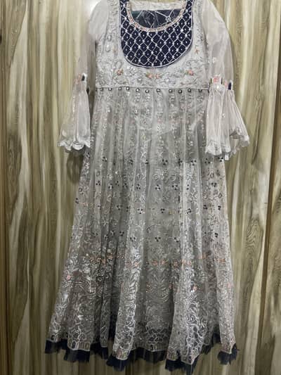 Silver colour Net maxi formal dress with blue net Dupatta Heavy wear