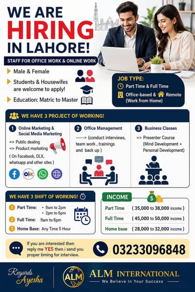 office online work jobs available male & female Lahore