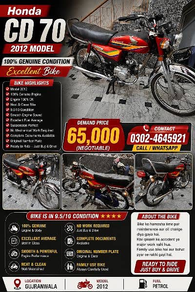 Honda CD70 -2012 Model (100% Genuine Condition)