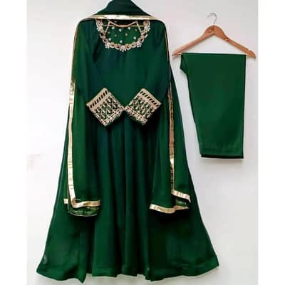 Green Chiffon Maxi Set with Gold Embroidery for Women