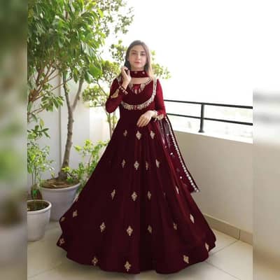 Neckline Embroidered Maxi Dress With Chiffon Dupatta