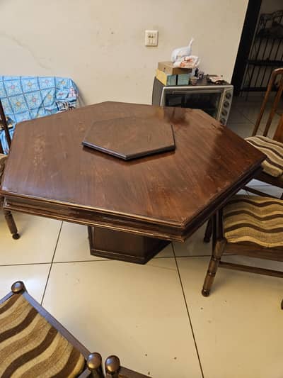 Vintage Teak Wood 6-Seater Hexagon Dining Table Set
