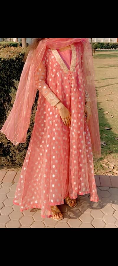 Ethnic Brand Pink tissue maxi with lawn slip with dupatta