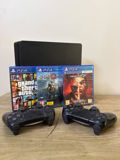 PS4 Slim 500GB + 4 Games (GTA V, God of War, Tekken 7, COD)