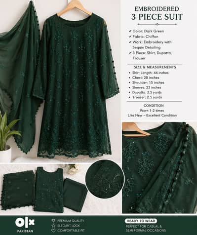 Brand New Bottle Green 3-Piece Embroidered Suit | Elegant Party Wear