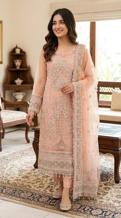 Urgent sale: Heavy Embroidered organza 3PC inner attached- Price 10000
