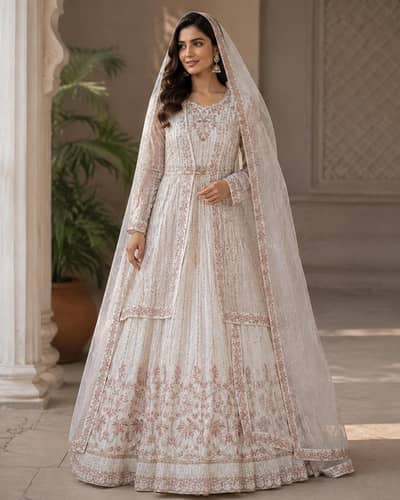 Embroidery 4 Piece Dress with Net Gaoun