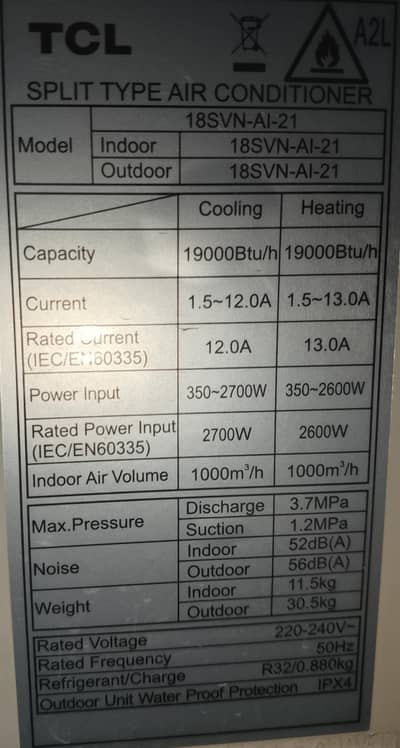 TCL 1.5 Ton Inverter AC – 10-15 Days Used – indoor and outdoor same